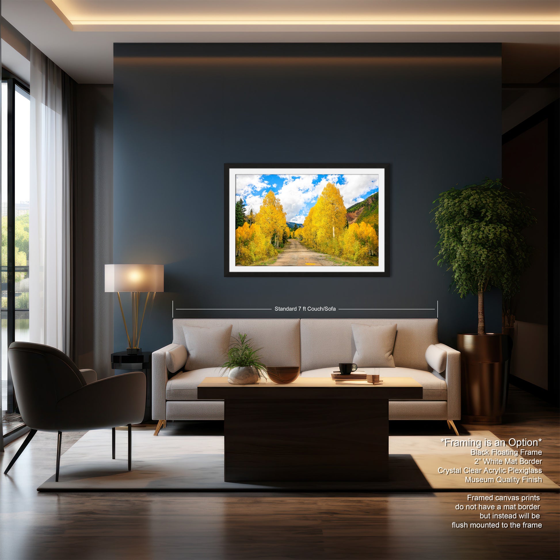 a living room with a couch a table and a painting on the wall