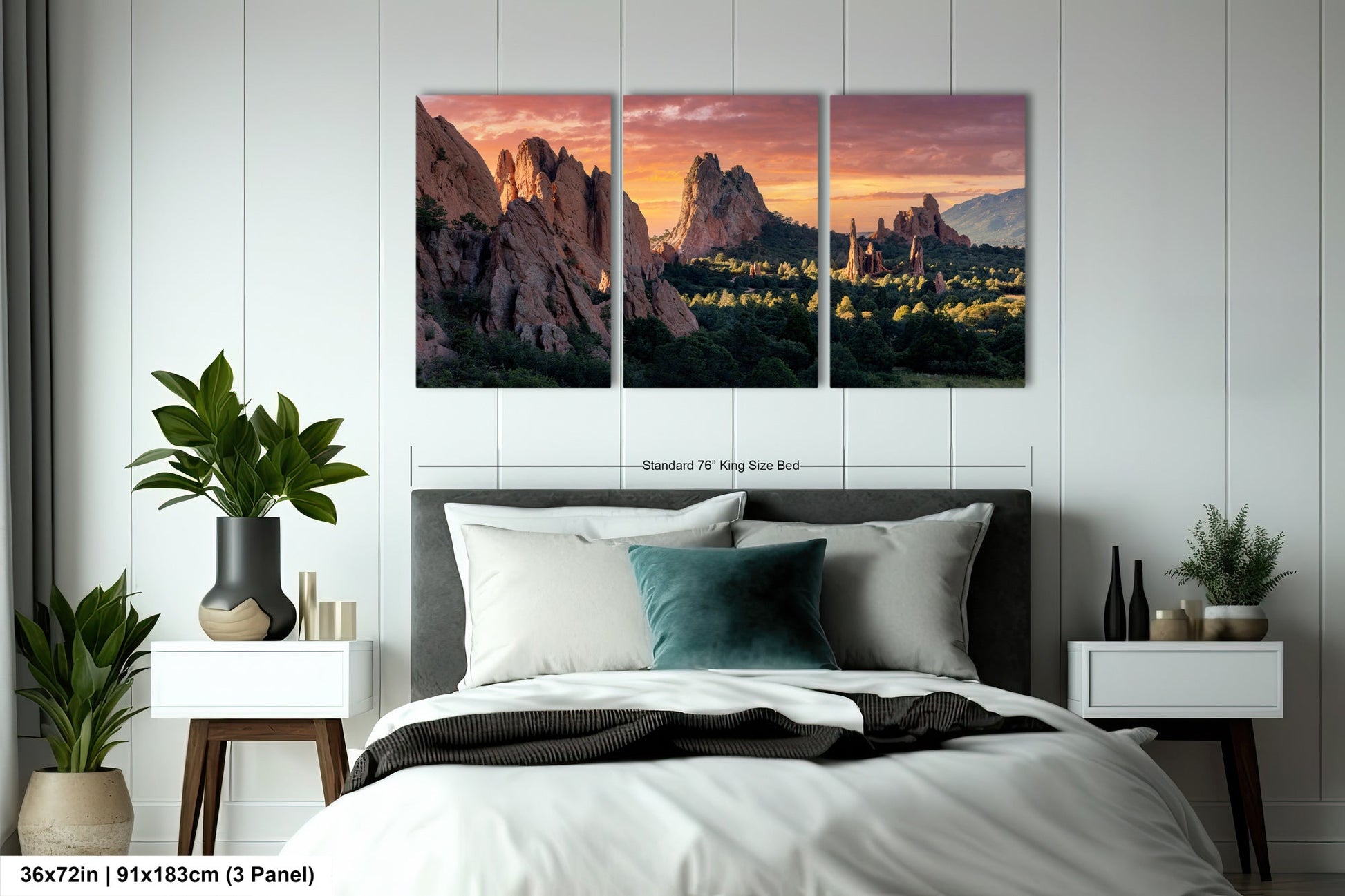 a bedroom scene with a bed and two paintings on the wall