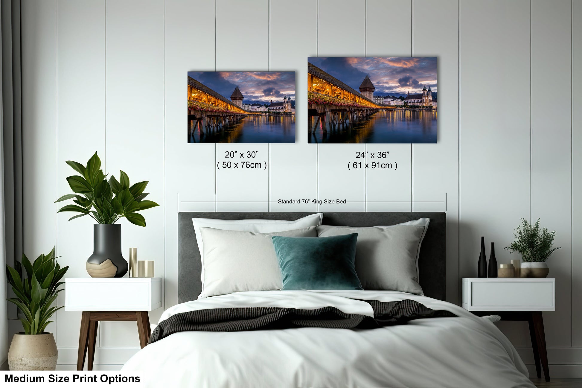 a bedroom with a bed and two pictures on the wall