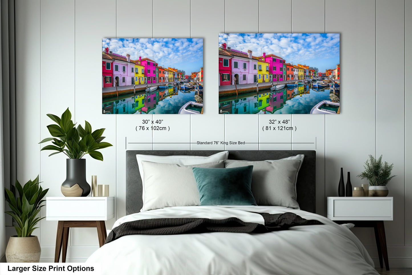 a bedroom with a bed and two pictures on the wall
