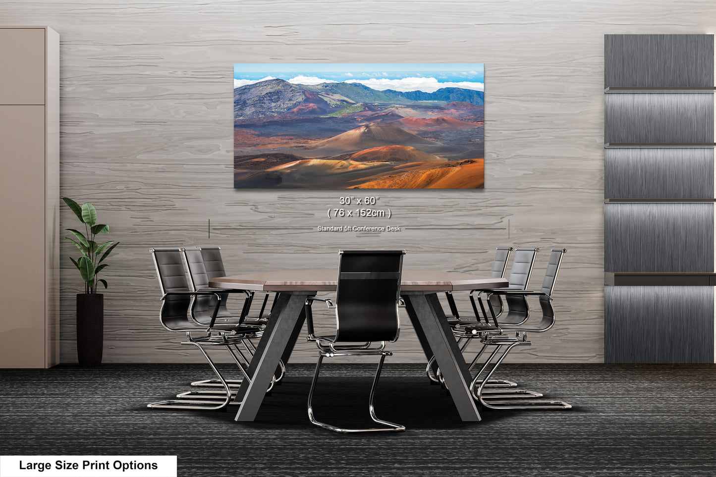 a large-sized print of a mountainous landscape with a desert-like terrain, hanging on a wall in a modern office setting.