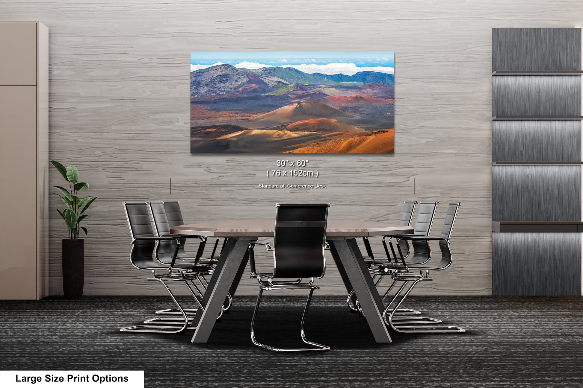 a large-sized print of a mountainous landscape with a desert-like terrain, hanging on a wall in a modern office setting.