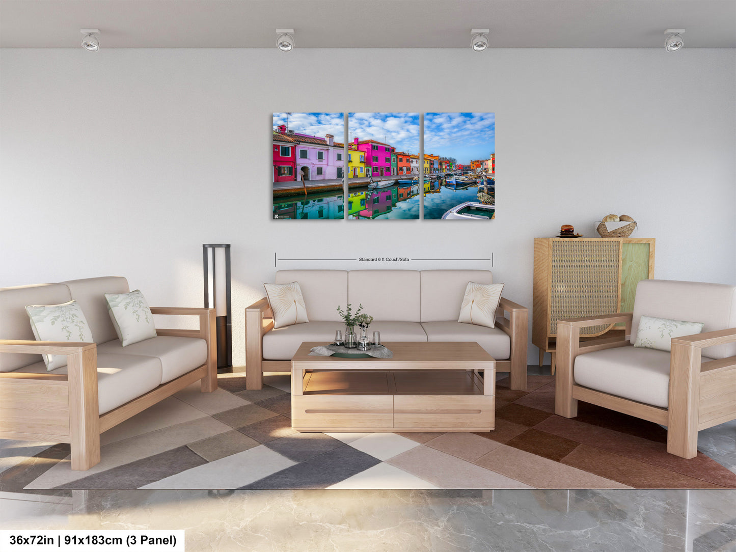 a living room filled with furniture and a painting on the wall