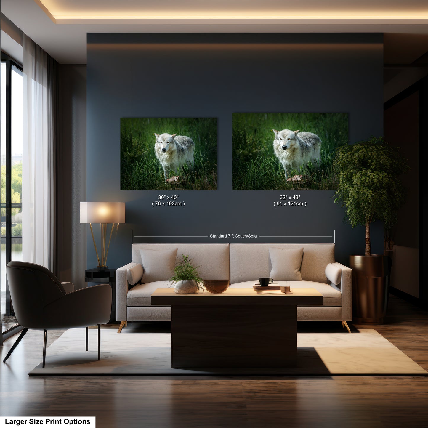 a living room filled with furniture and a painting of a wolf