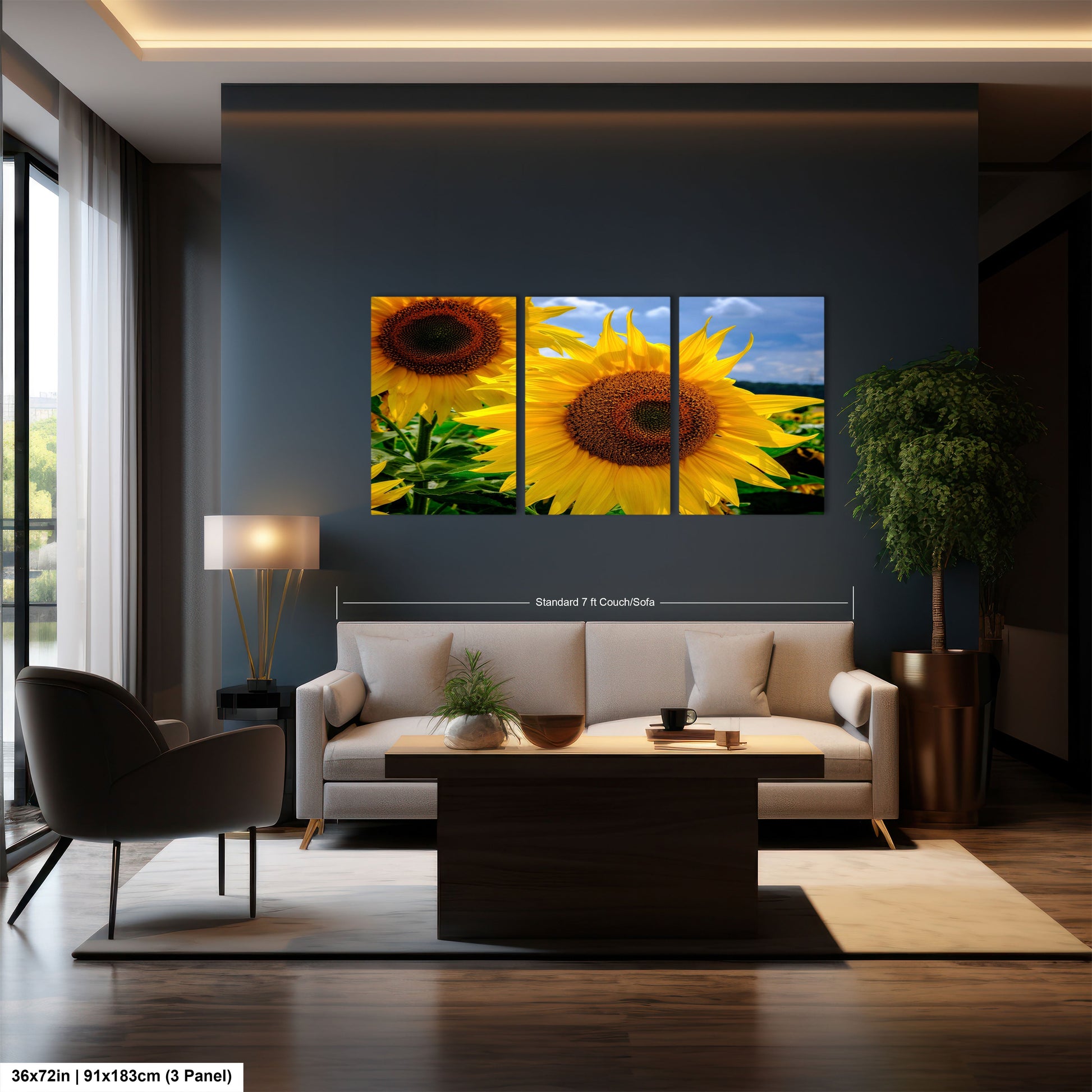 a living room filled with furniture and a painting of sunflowers