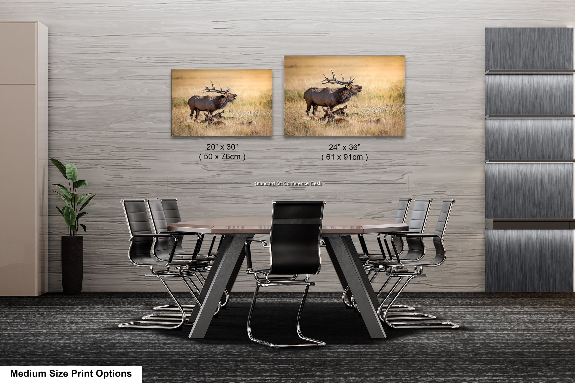 a dining room table with chairs and a picture of a moose