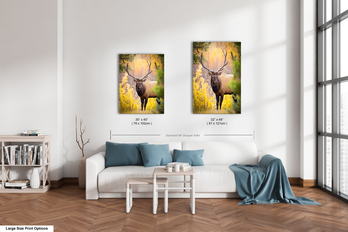 a living room filled with furniture and a painting of a deer