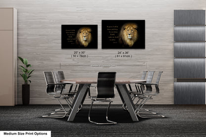 a dining room table with chairs and two pictures of lions on the wall