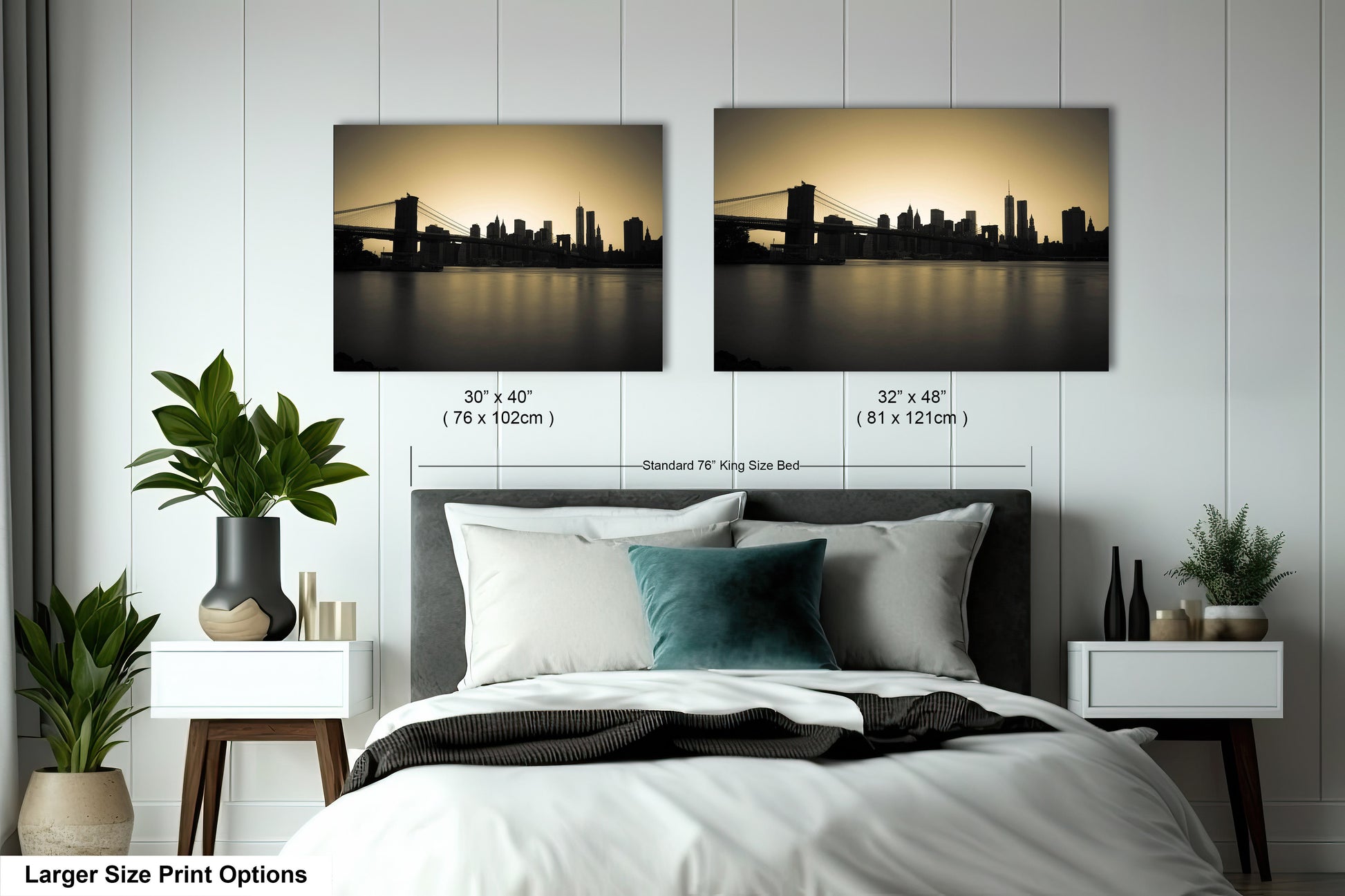 a bedroom with a bed and two pictures on the wall