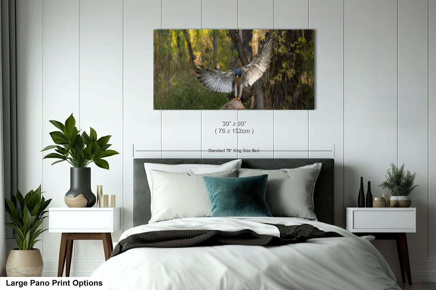 A large pano print depicting a bird in flight with its wings spread wide, set against a lush green forest backdrop.