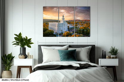 a bedroom with a large bed and a painting on the wall