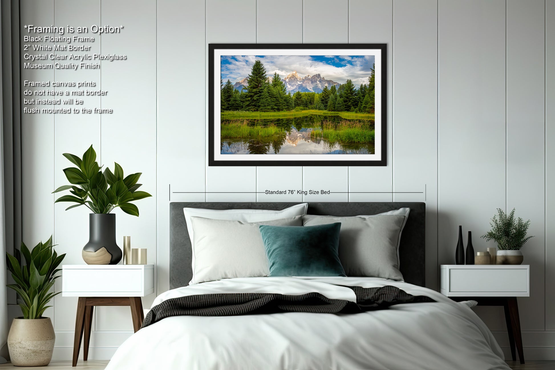 a bedroom with a large bed and a painting on the wall