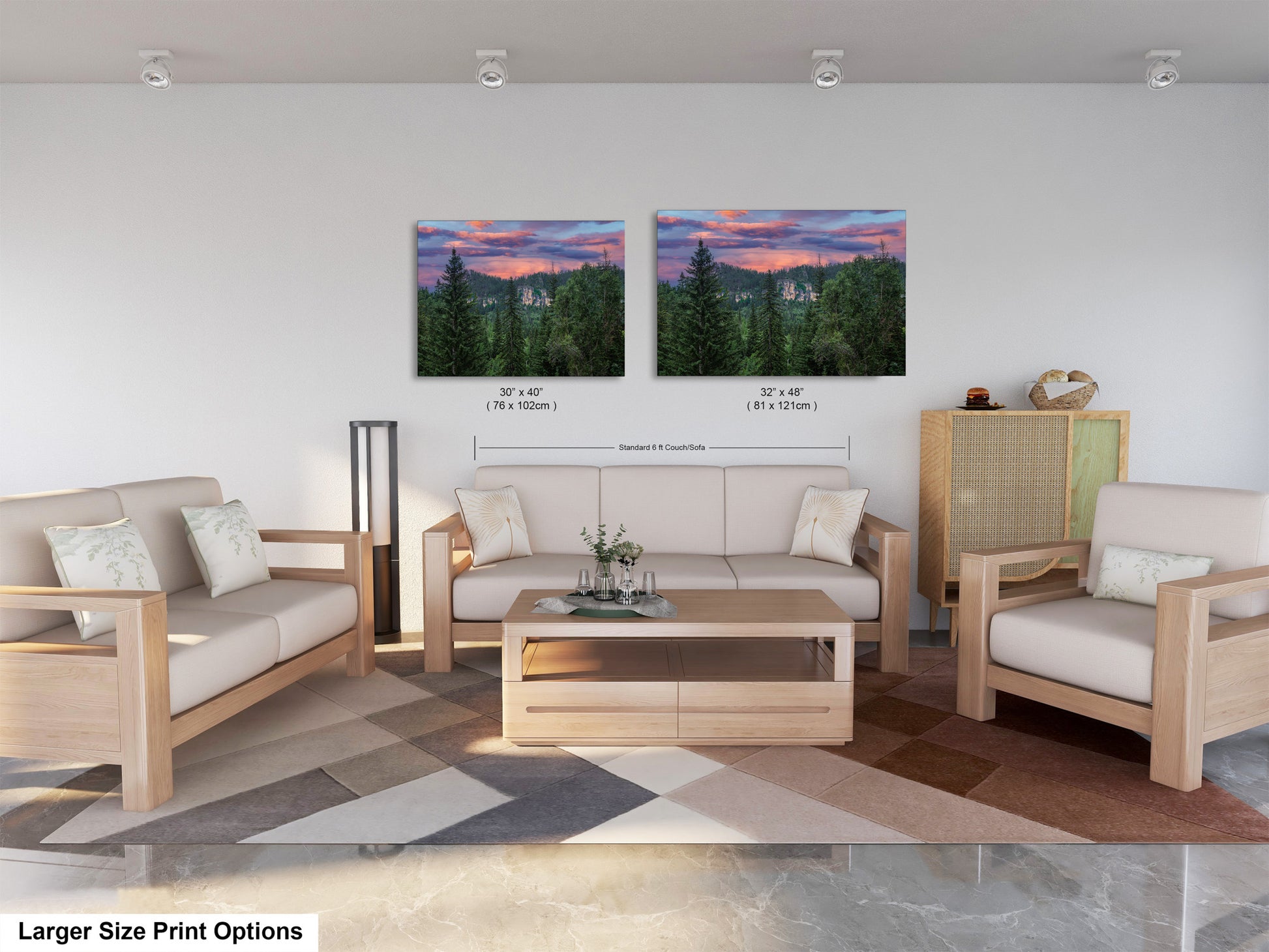 a living room filled with furniture and a painting on the wall