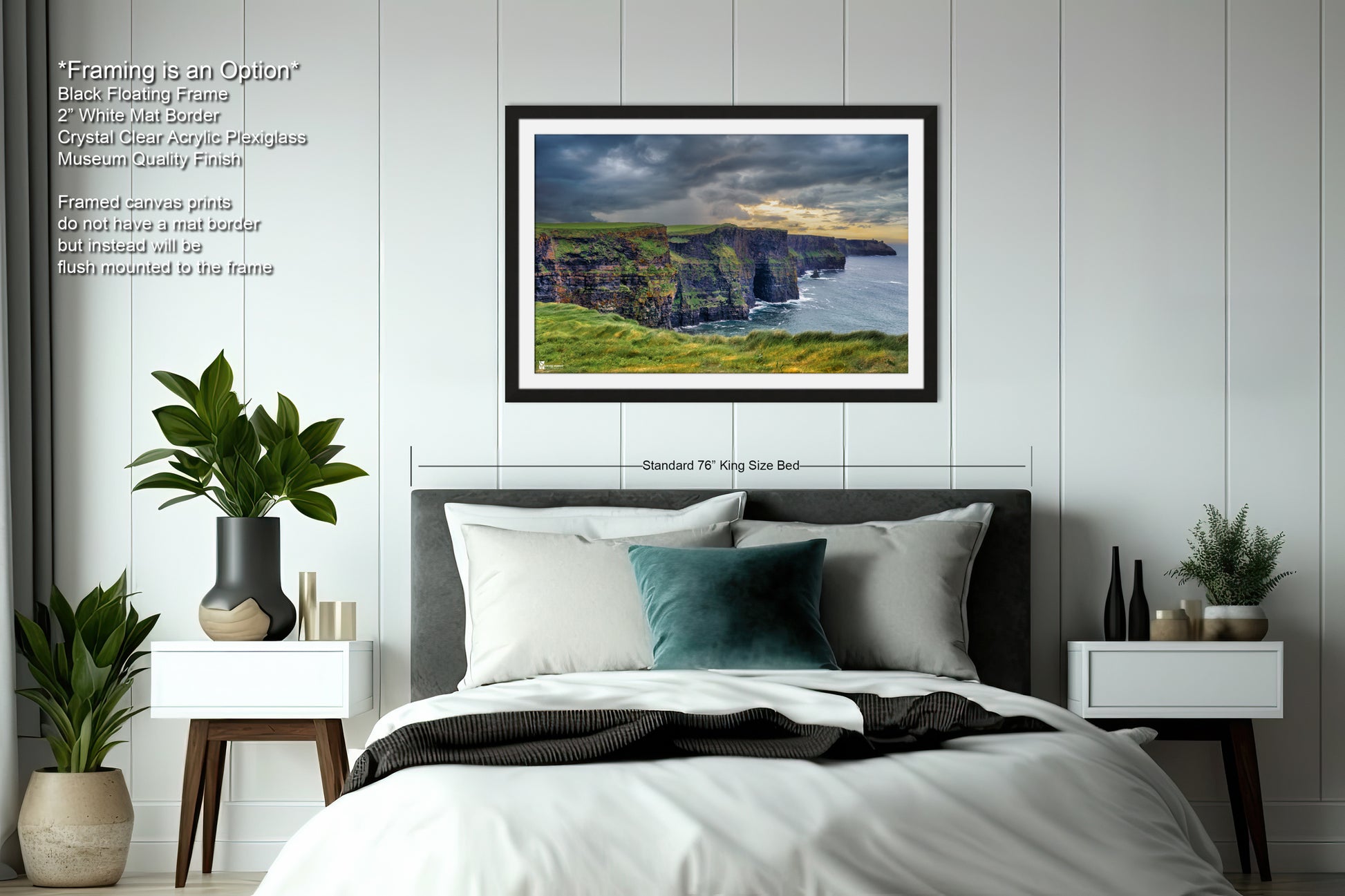 a bedroom with a bed and a picture hanging on the wall