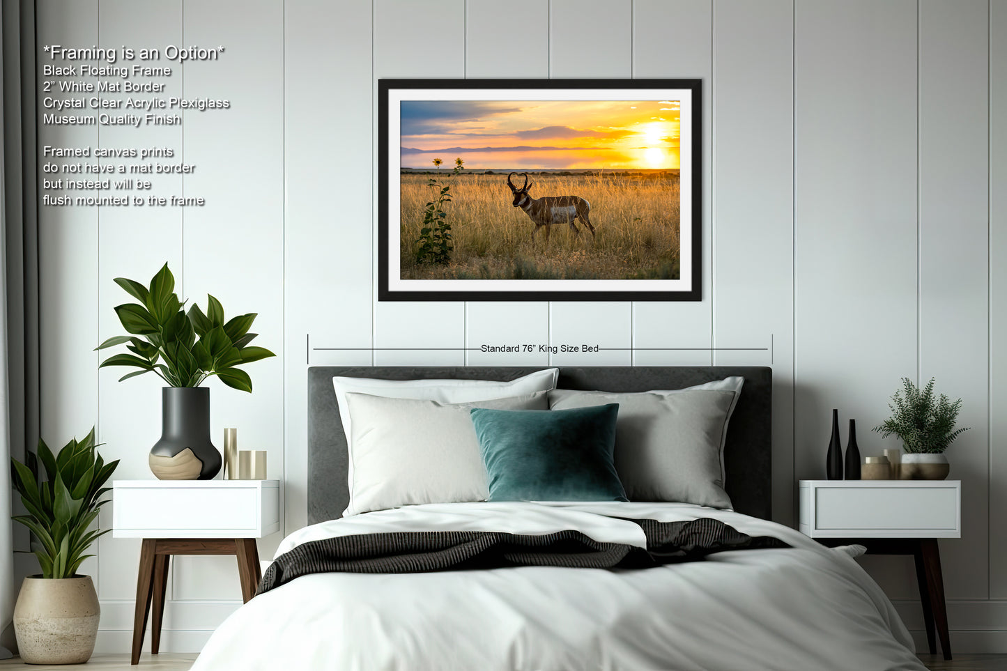 a bedroom with a large bed, nightstands, and a framed picture of a gazelle in a field at sunset.