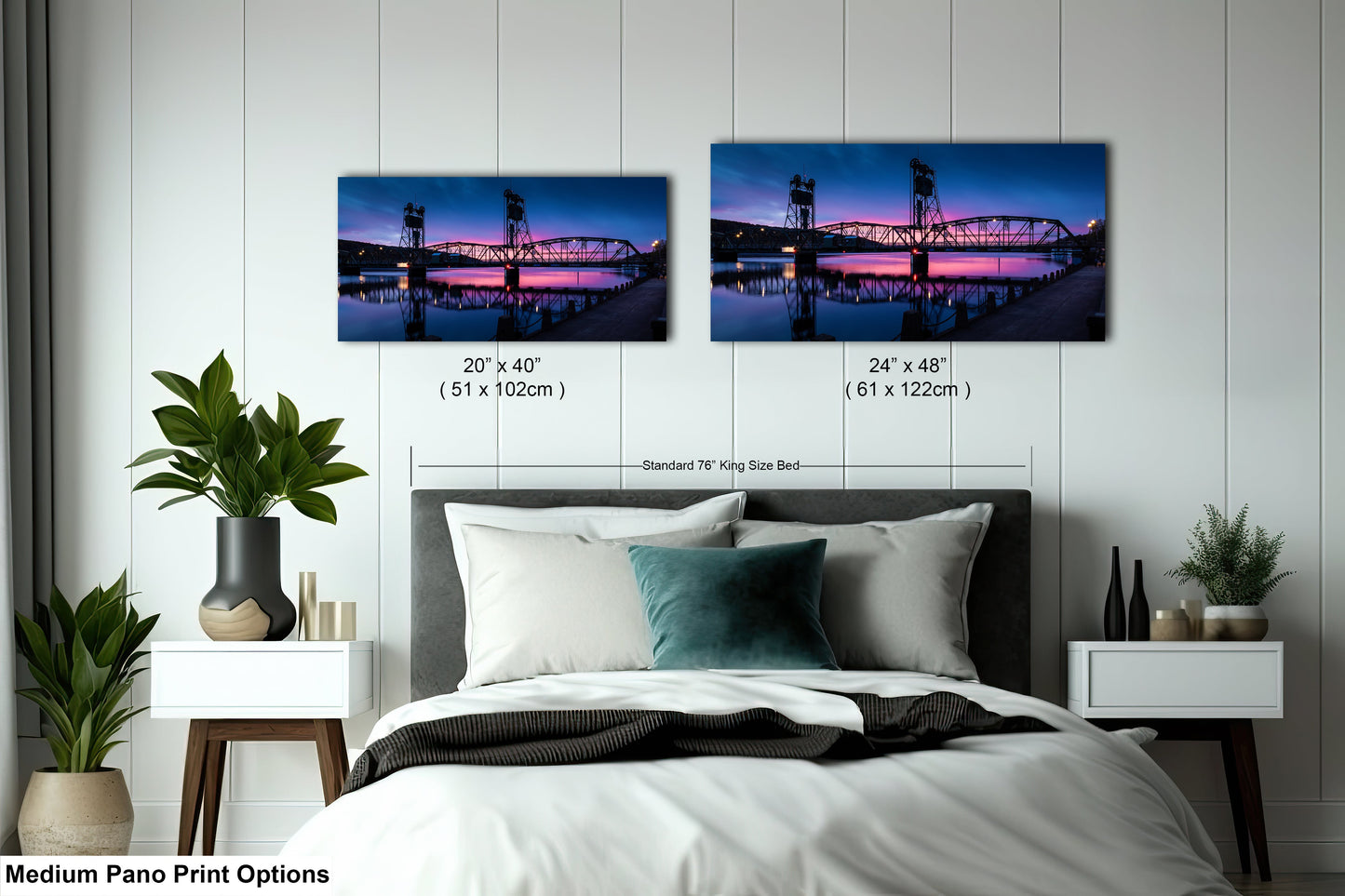 a bed room with a neatly made bed and two pictures on the wall