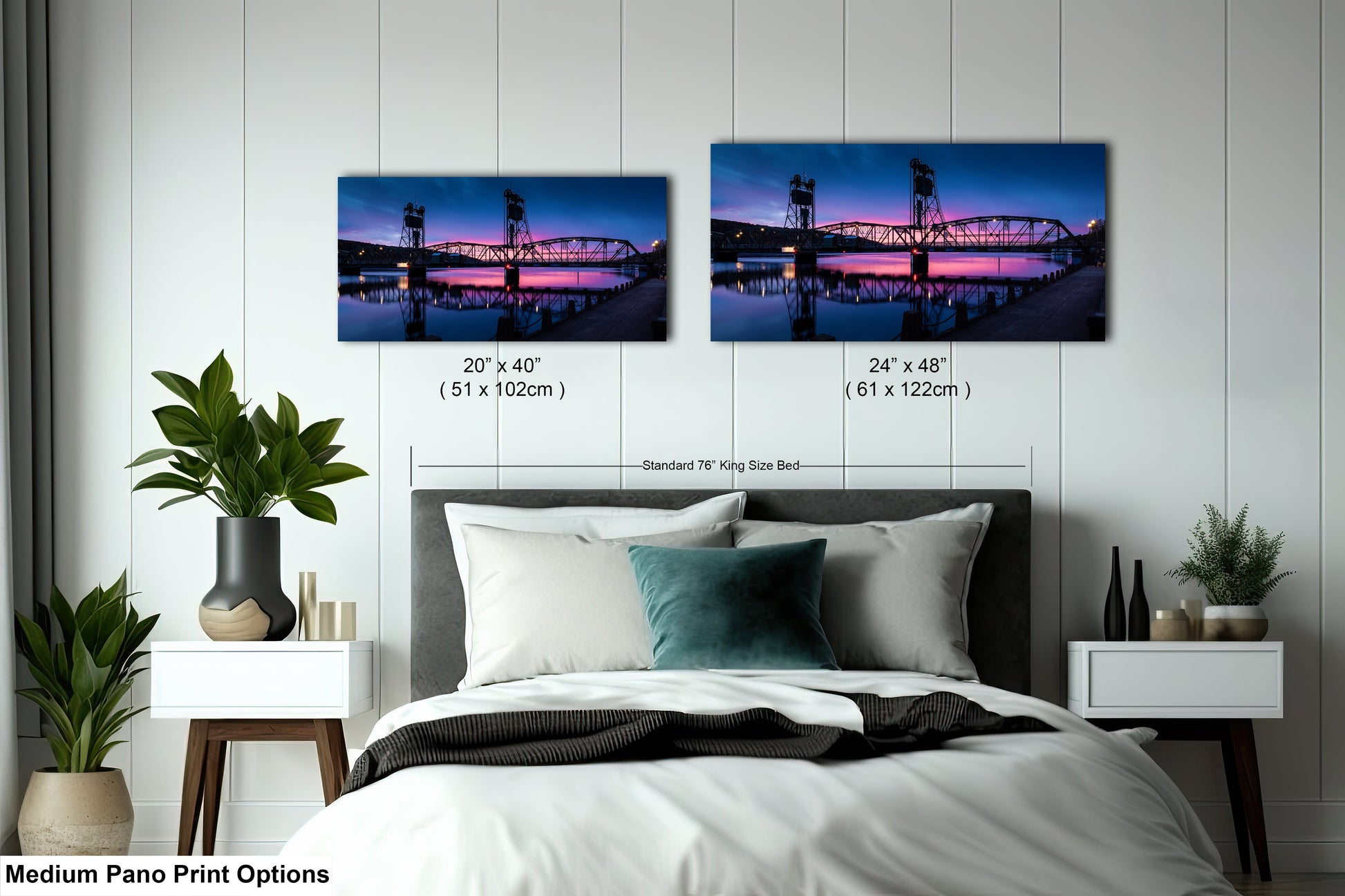a bed room with a neatly made bed and two pictures on the wall