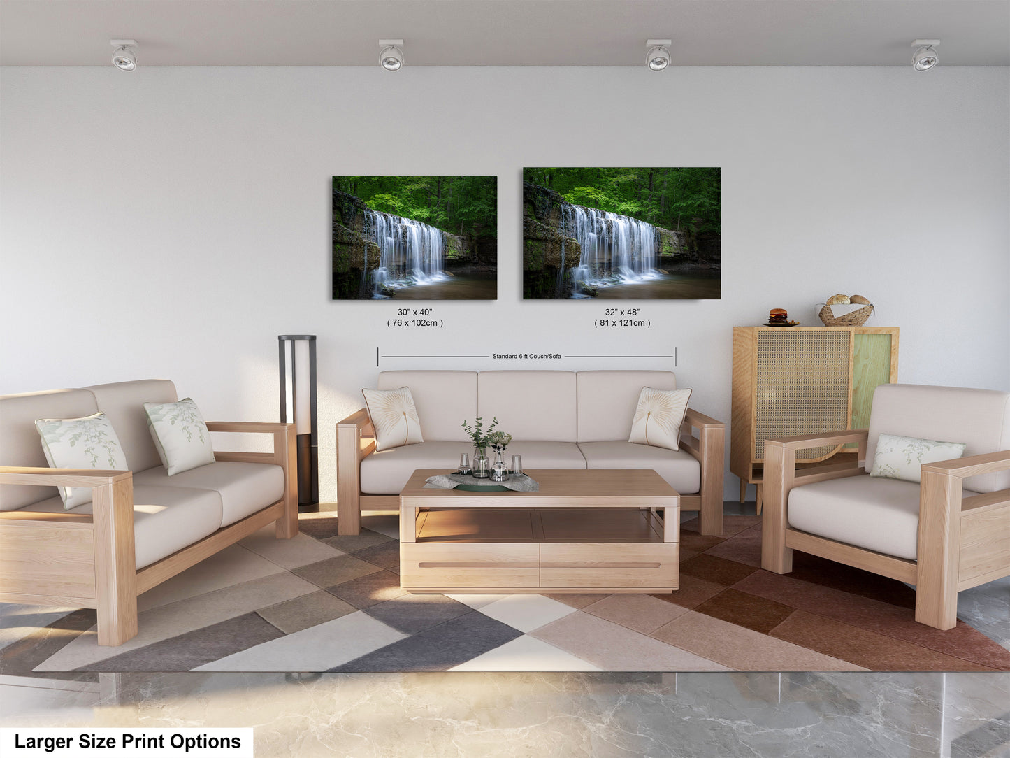 a living room filled with furniture and a waterfall