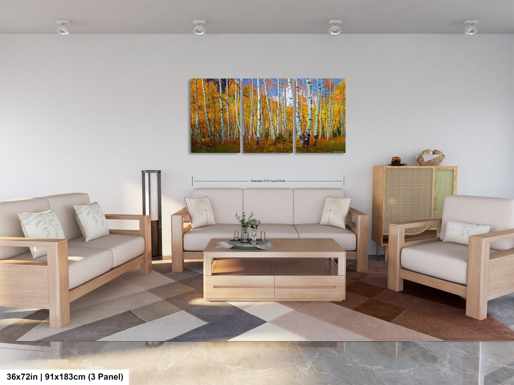 a living room filled with furniture and a painting on the wall