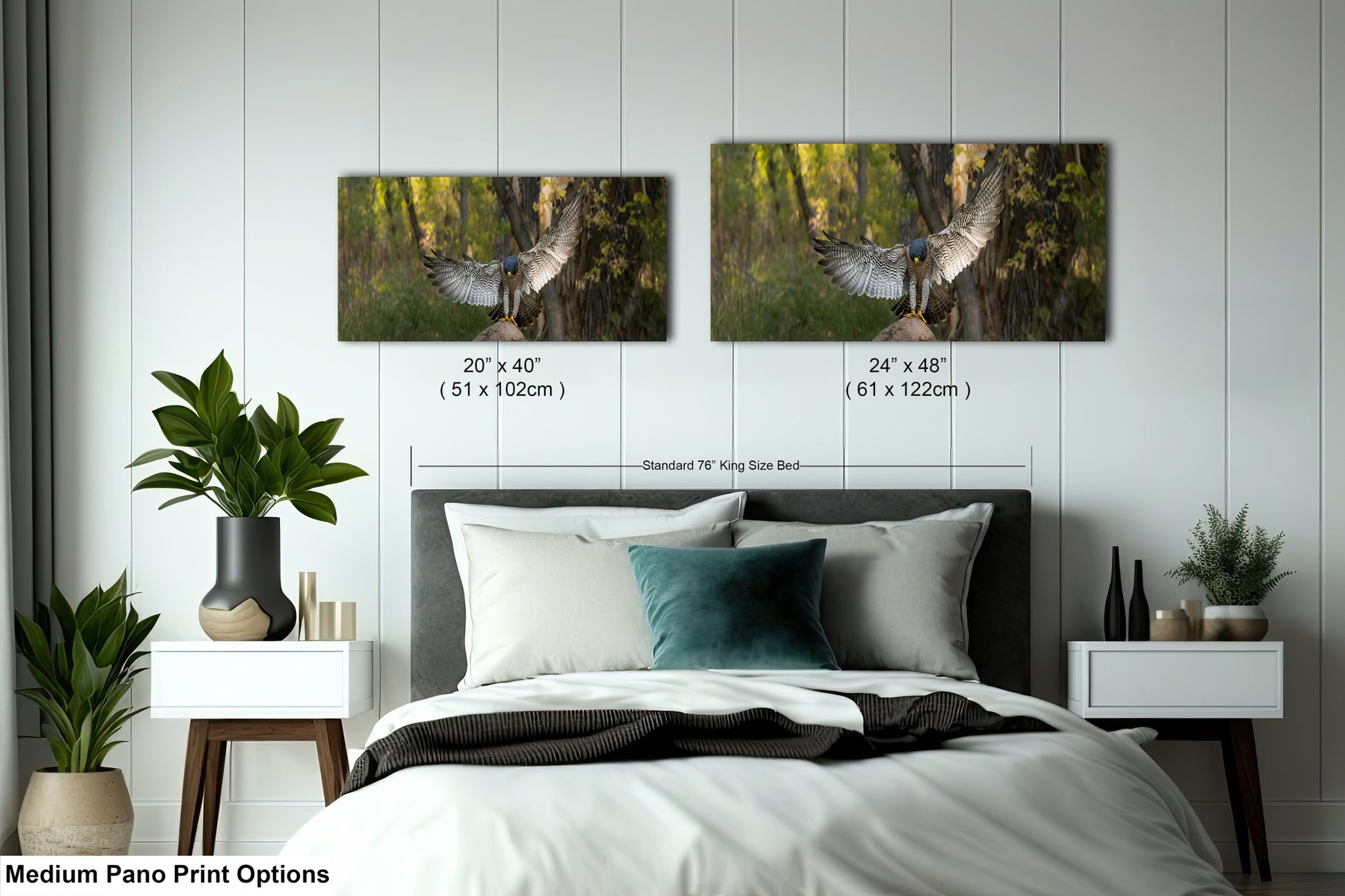 a bedroom with a bed, nightstands, and a large painting of a bird in flight hanging on the wall above the bed.