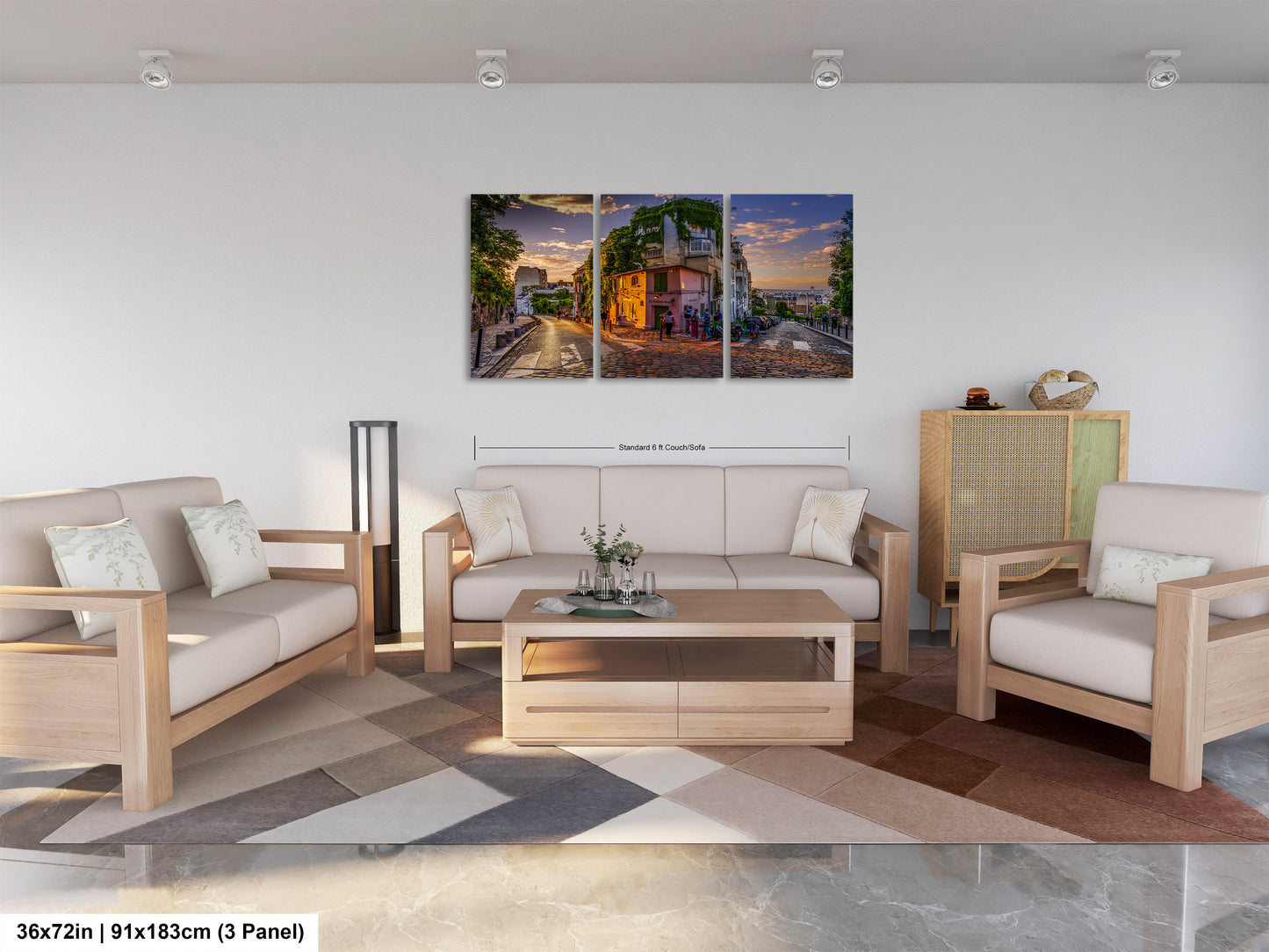 a living room filled with furniture and a painting on the wall