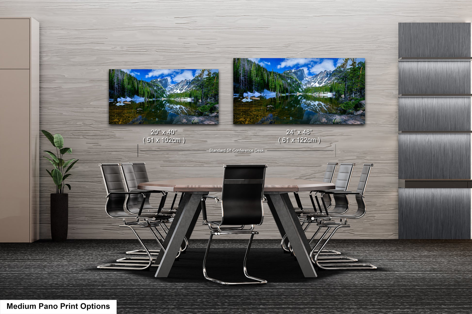 a room with a table and chairs and two pictures on the wall