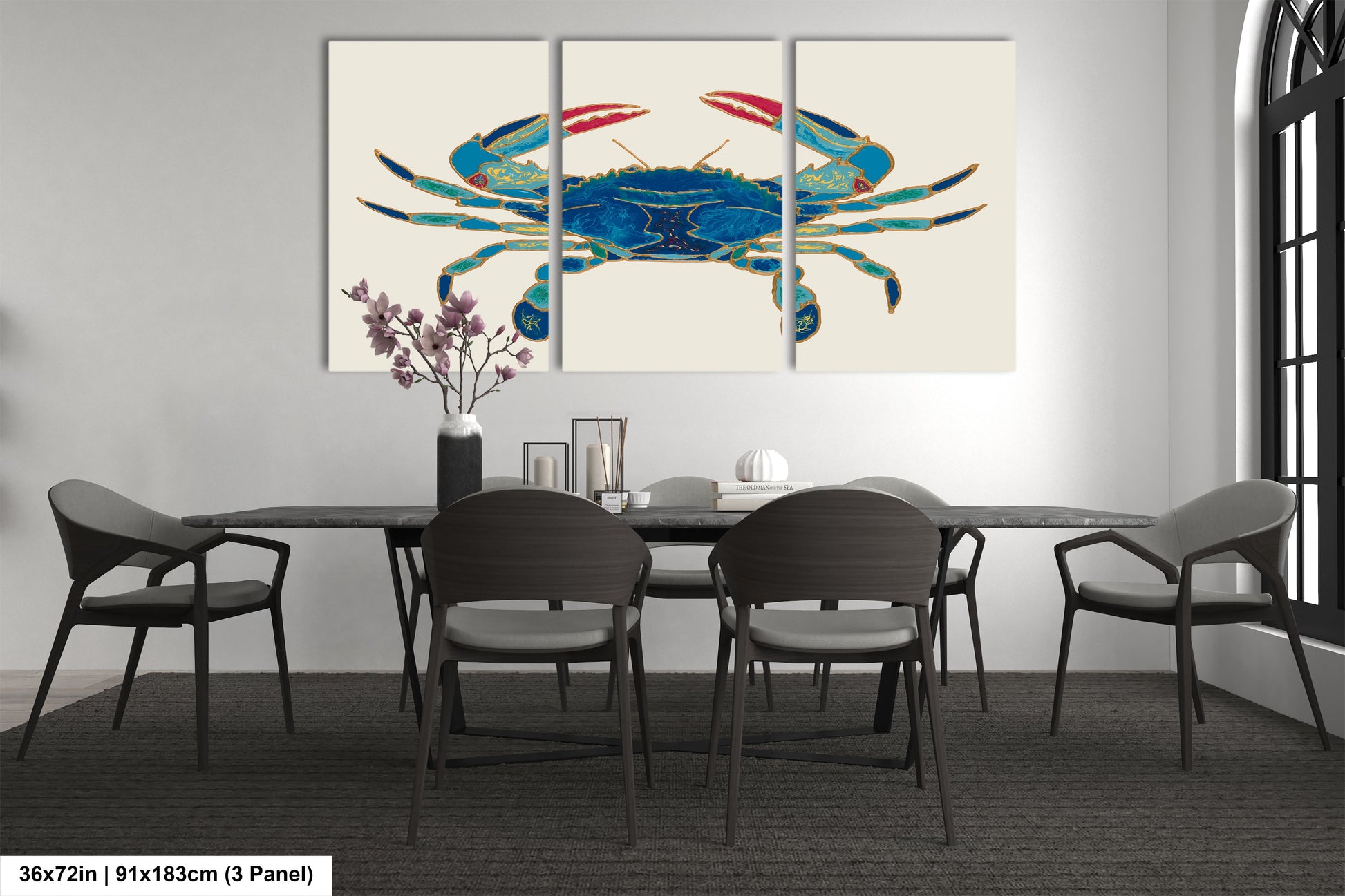 a dining room table with four chairs and a painting of a crab on the wall