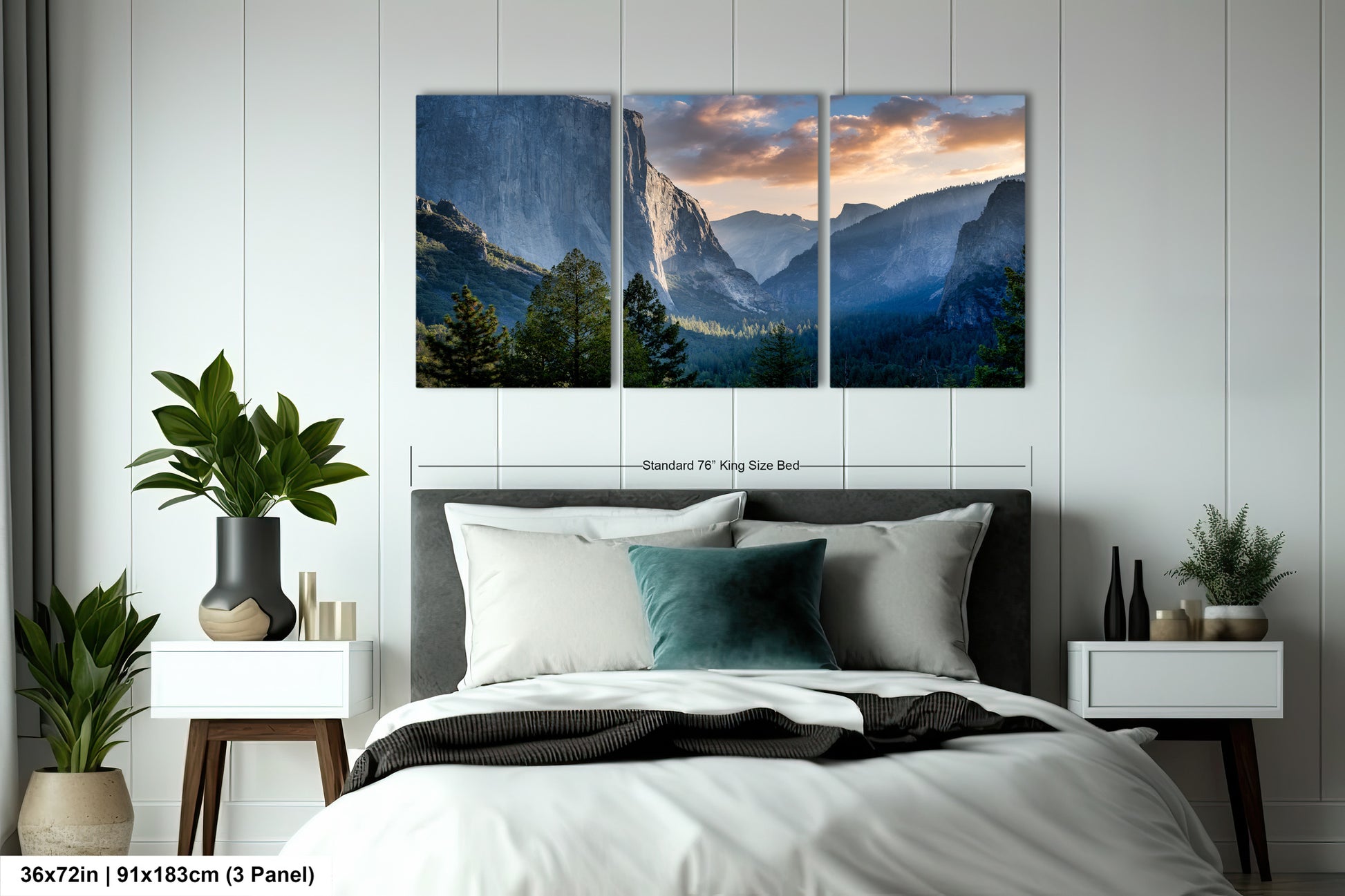 a bedroom with a bed and two paintings on the wall