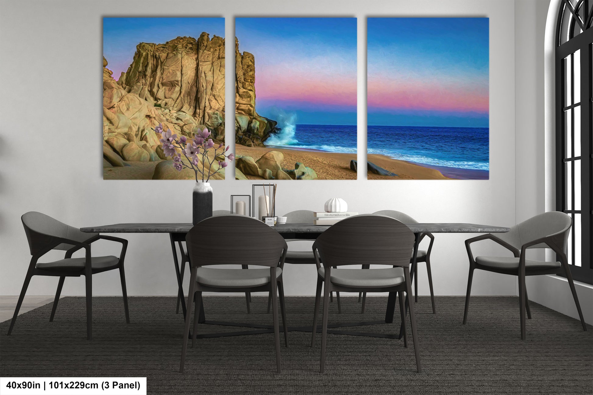 a dining room with a table and four chairs