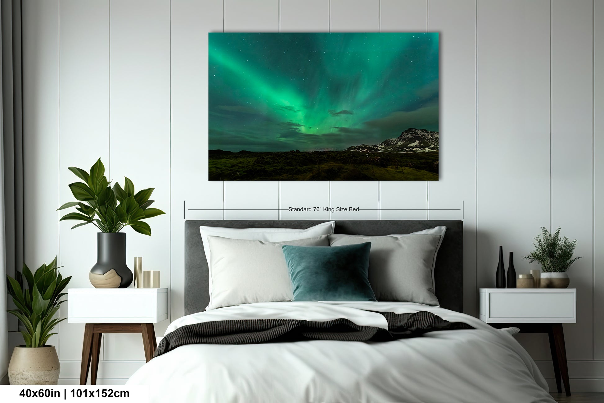 a bedroom with a bed and a painting on the wall