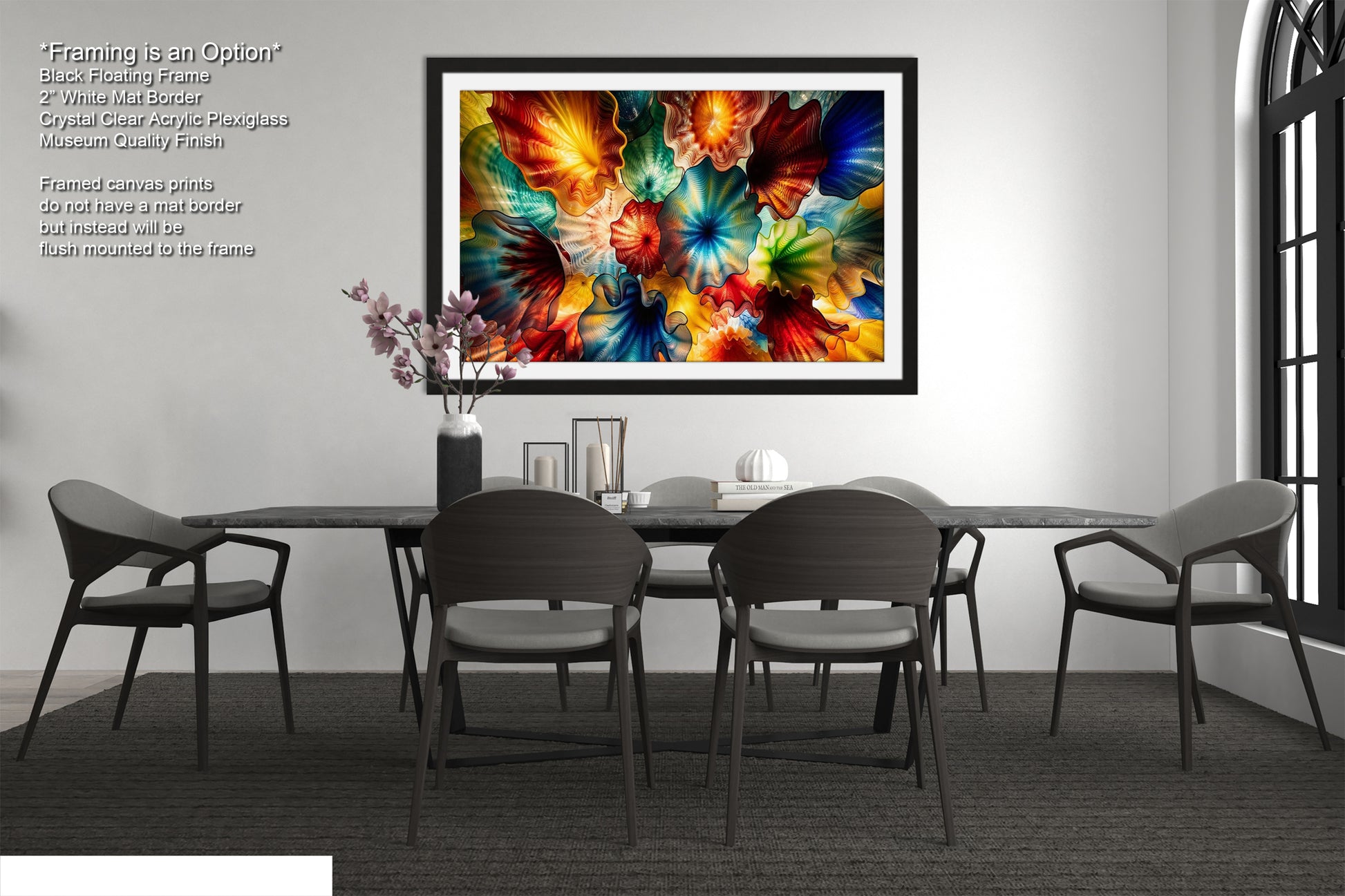 a modern dining room with a large, colorful abstract painting hanging on the wall above a black dining table surrounded by six chairs. The painting has a black frame, and the table and chairs are arranged in a way that creates a balanced and harmonious composition.