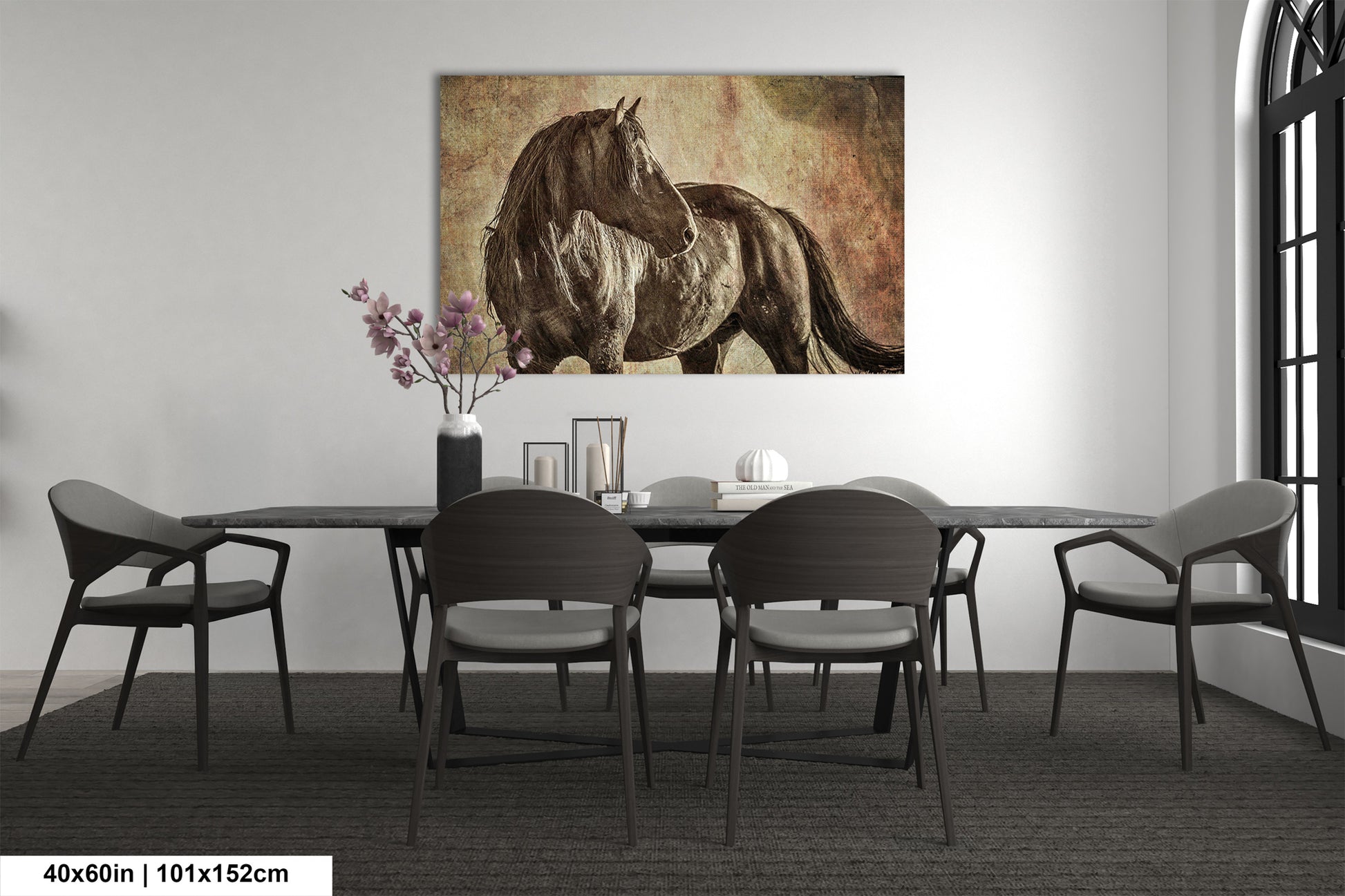 a painting of a horse on a wall above a table