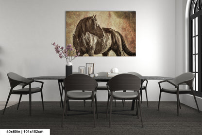 a painting of a horse on a wall above a table