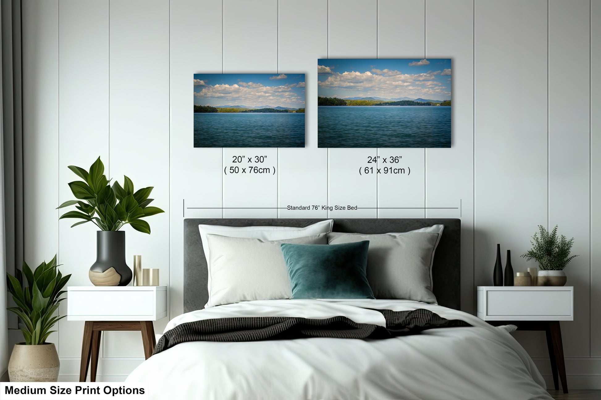 a bedroom with a bed, nightstands, and potted plants. There are two framed landscape photographs hanging on the wall above the bed, depicting a serene lake scene with mountains in the background. The photographs are of medium size, with dimensions of 20' x 30' (50 x 70') and 24' x 36' (61 x 91') respectively.