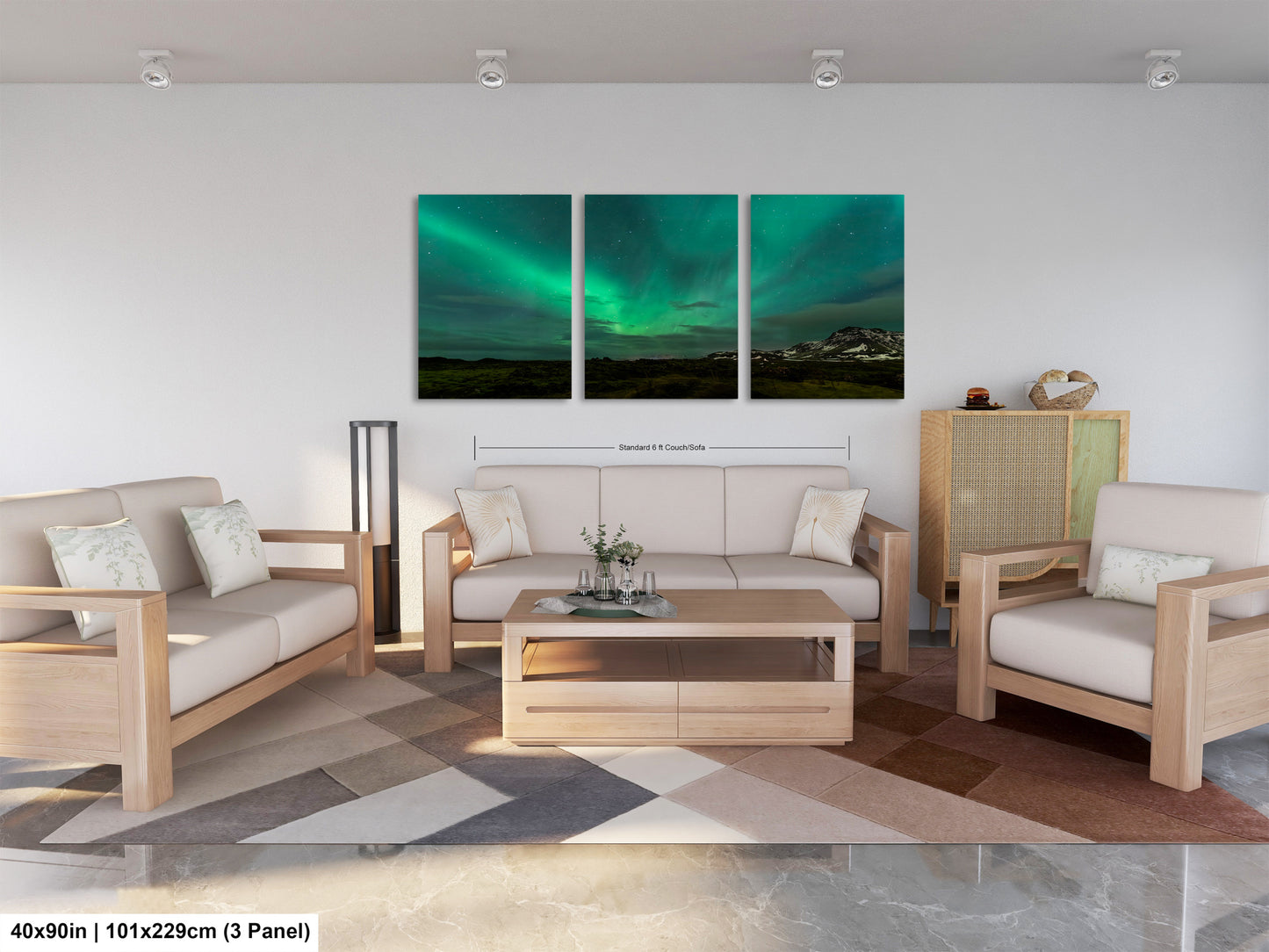 a living room filled with furniture and a painting on the wall