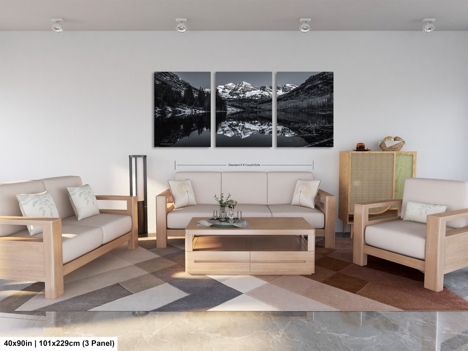 a living room filled with furniture and a painting on the wall
