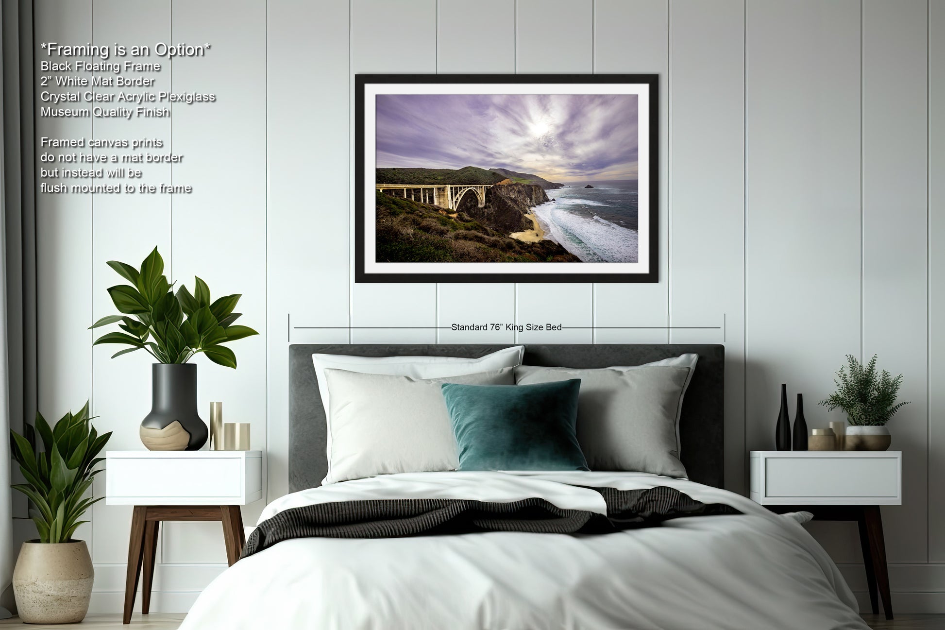a bedroom with a bed and a picture hanging on the wall