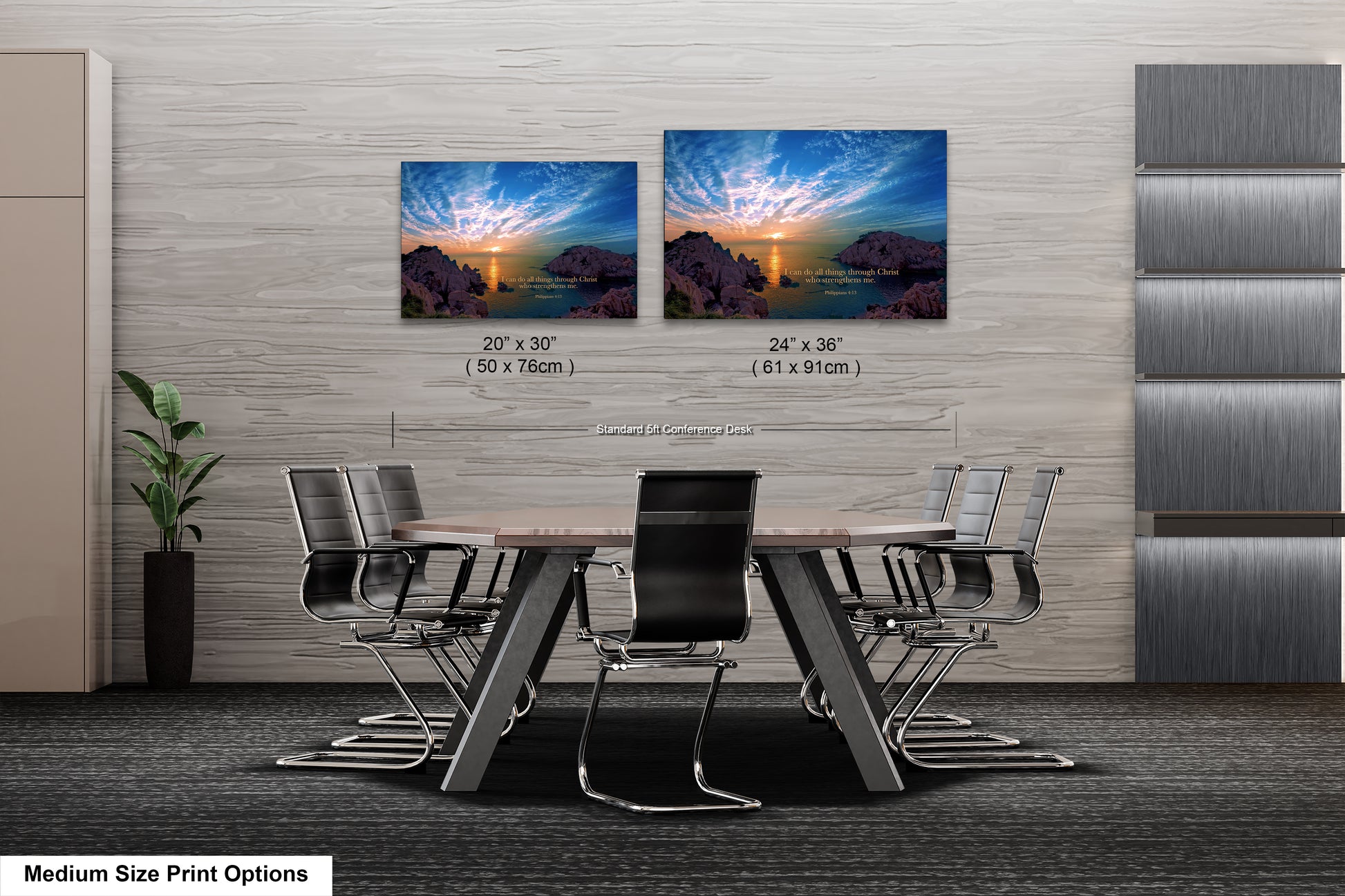 a dining room table with four chairs and two pictures on the wall