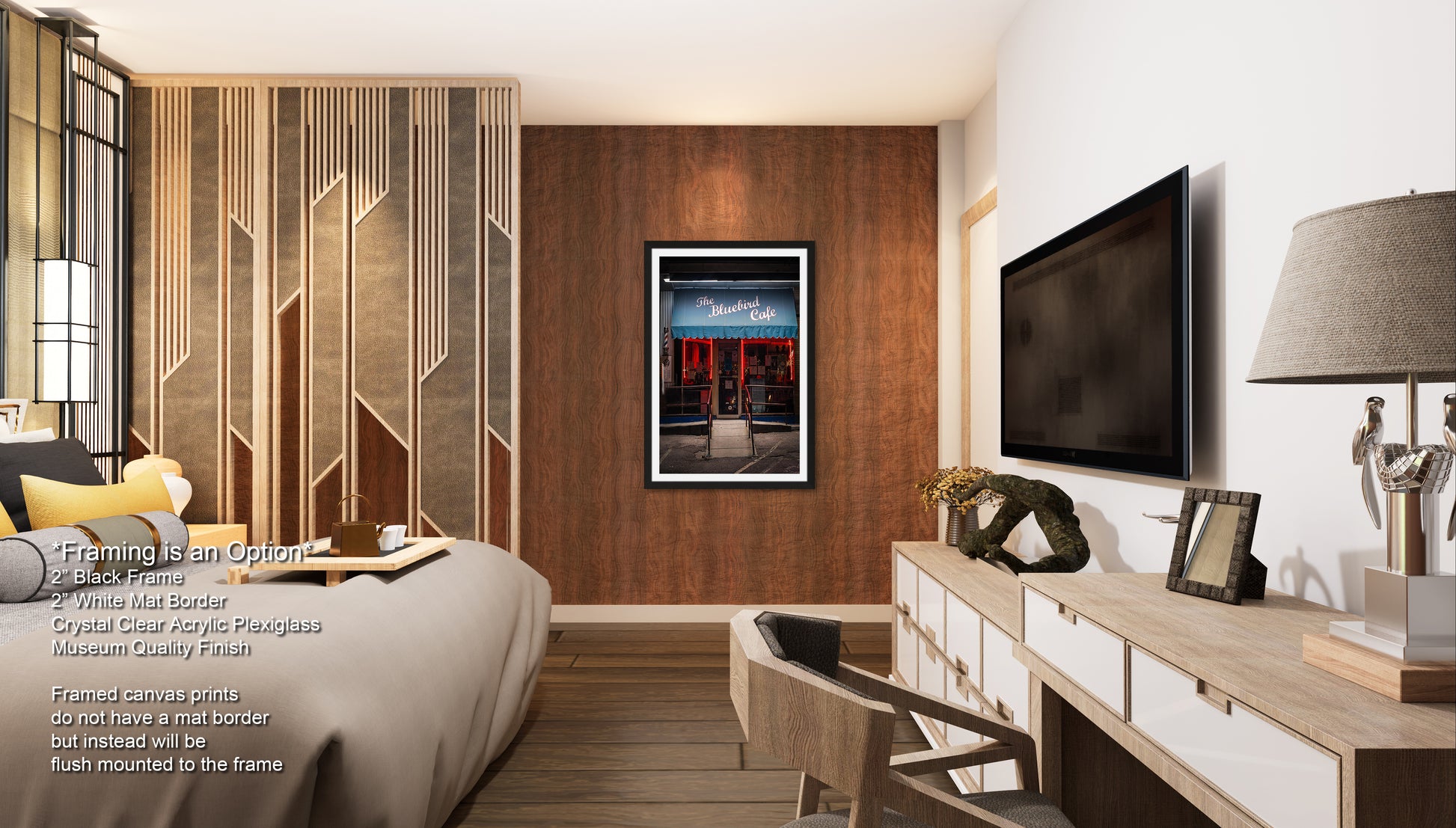 a bed room with a neatly made bed and a flat screen tv