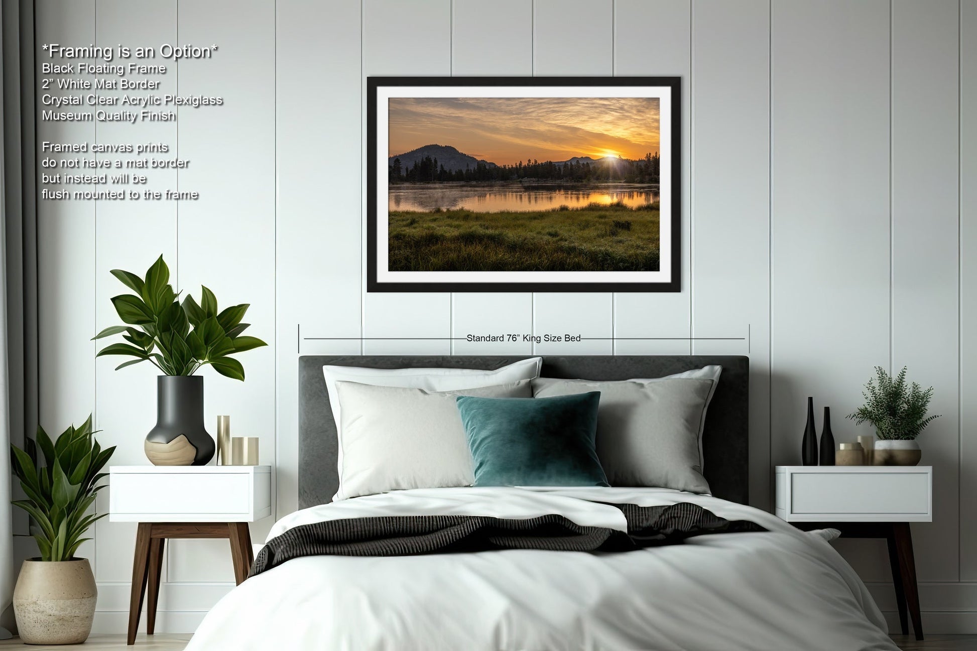 a bedroom with a bed and a picture hanging on the wall