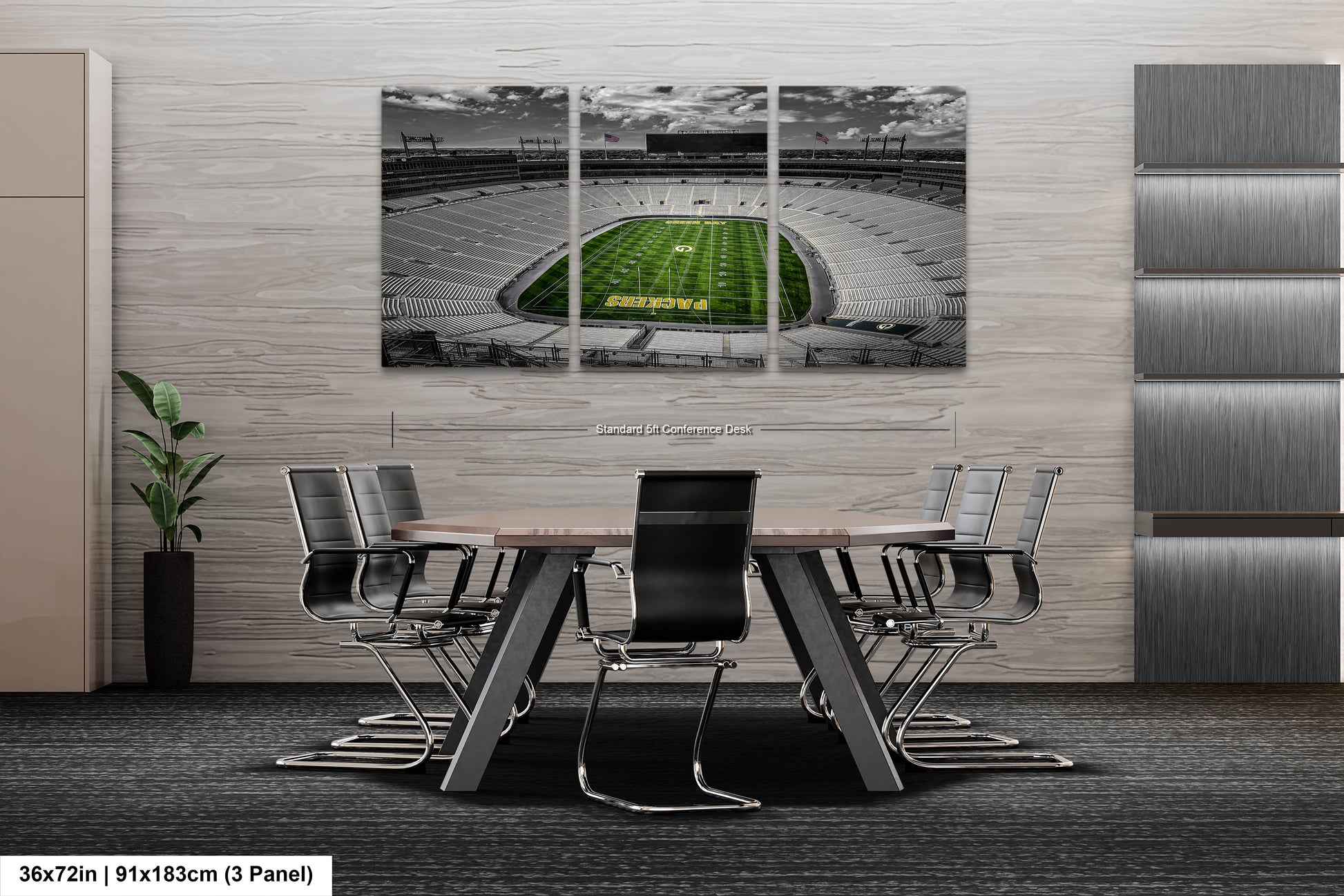 a dining room table with chairs and a wall mounted picture of a football stadium