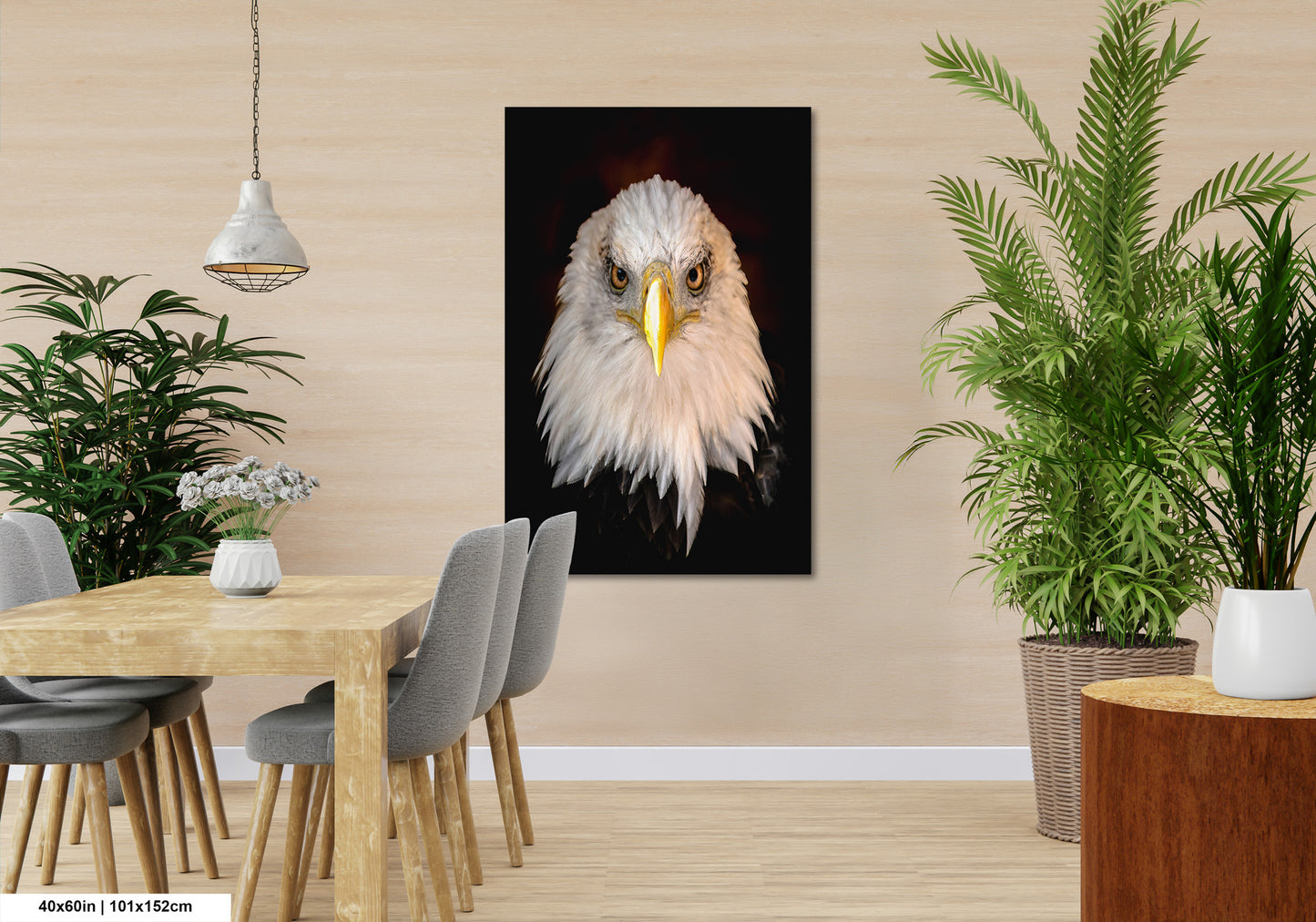 a painting of a bald eagle in a dining room