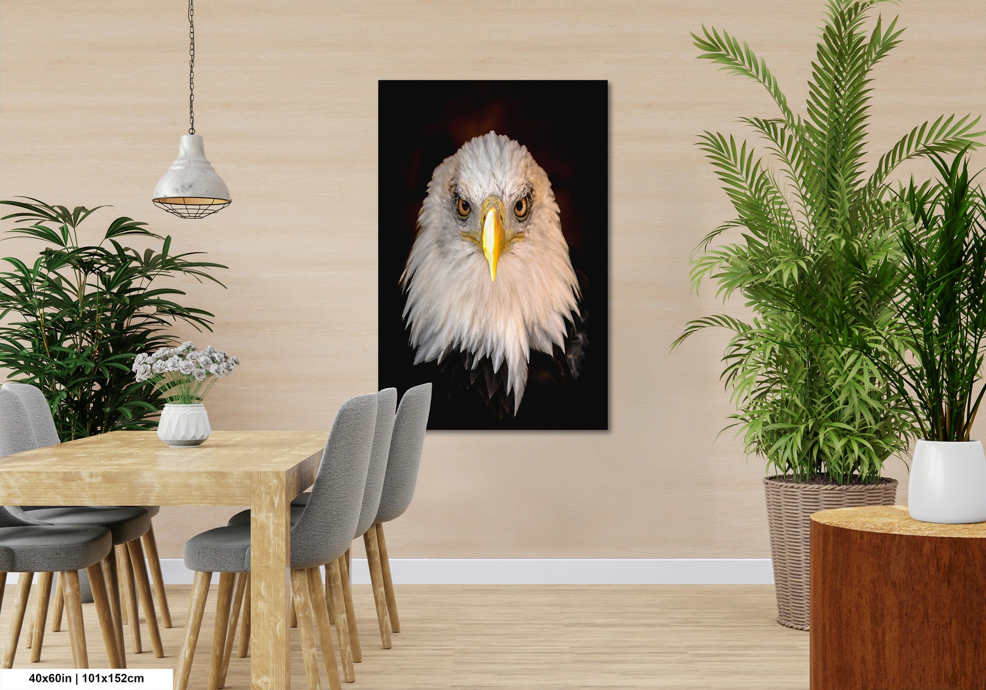 a painting of a bald eagle in a dining room