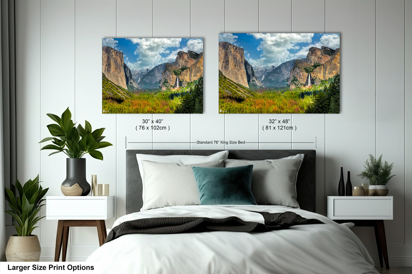 a bedroom with a bed and two pictures on the wall