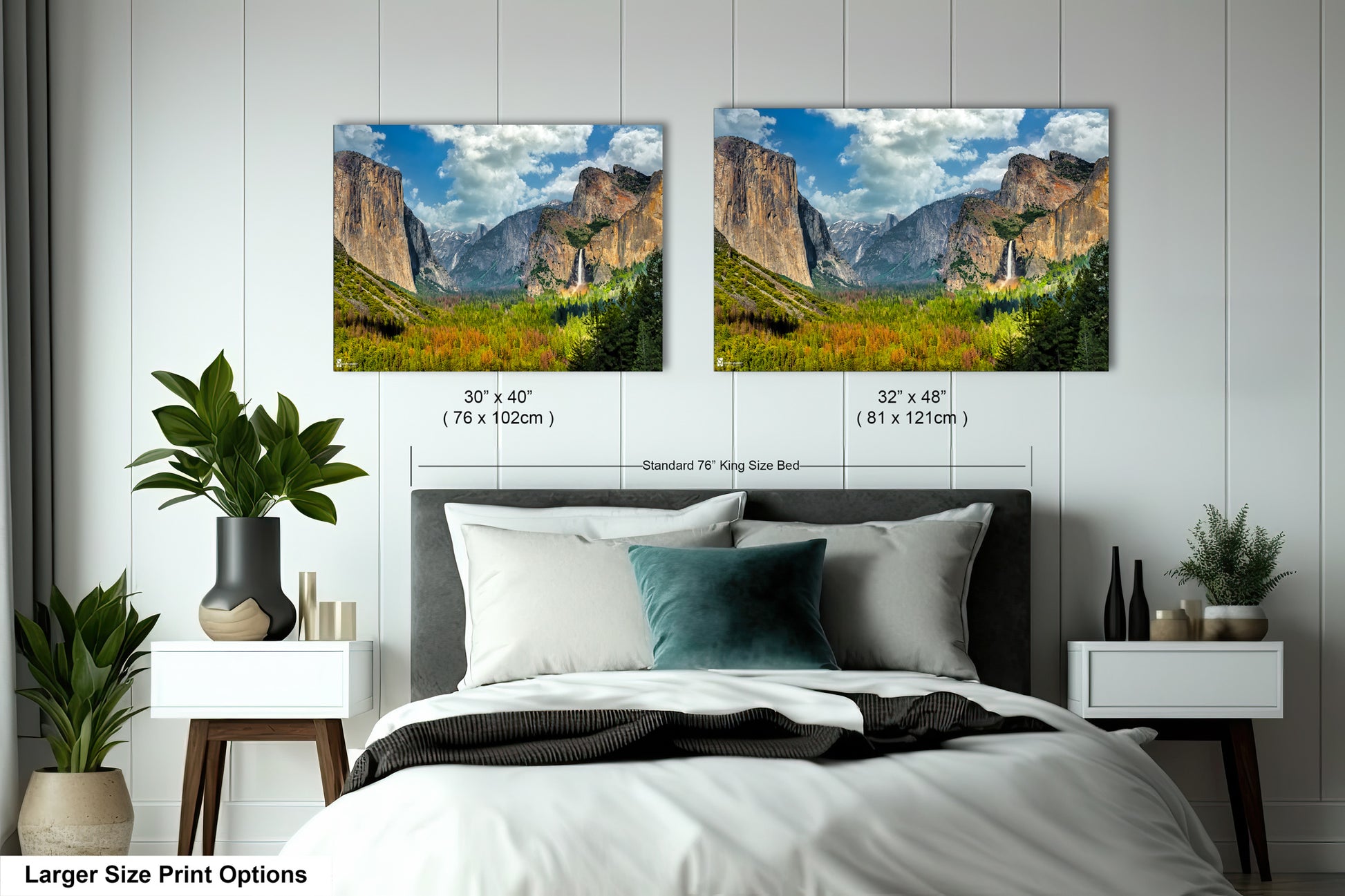a bedroom with a bed and two pictures on the wall