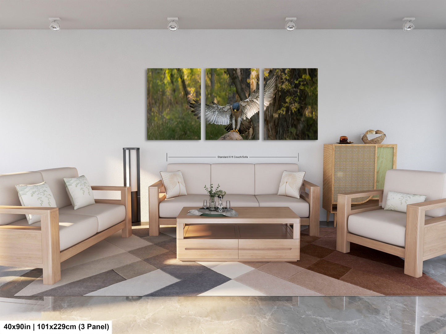 The image is a modern living room with a large, three-panel artwork depicting a bird in flight. The furniture includes a sofa, two armchairs, and a coffee table. The room has a minimalist and clean design, with white walls and a neutral color palette.
