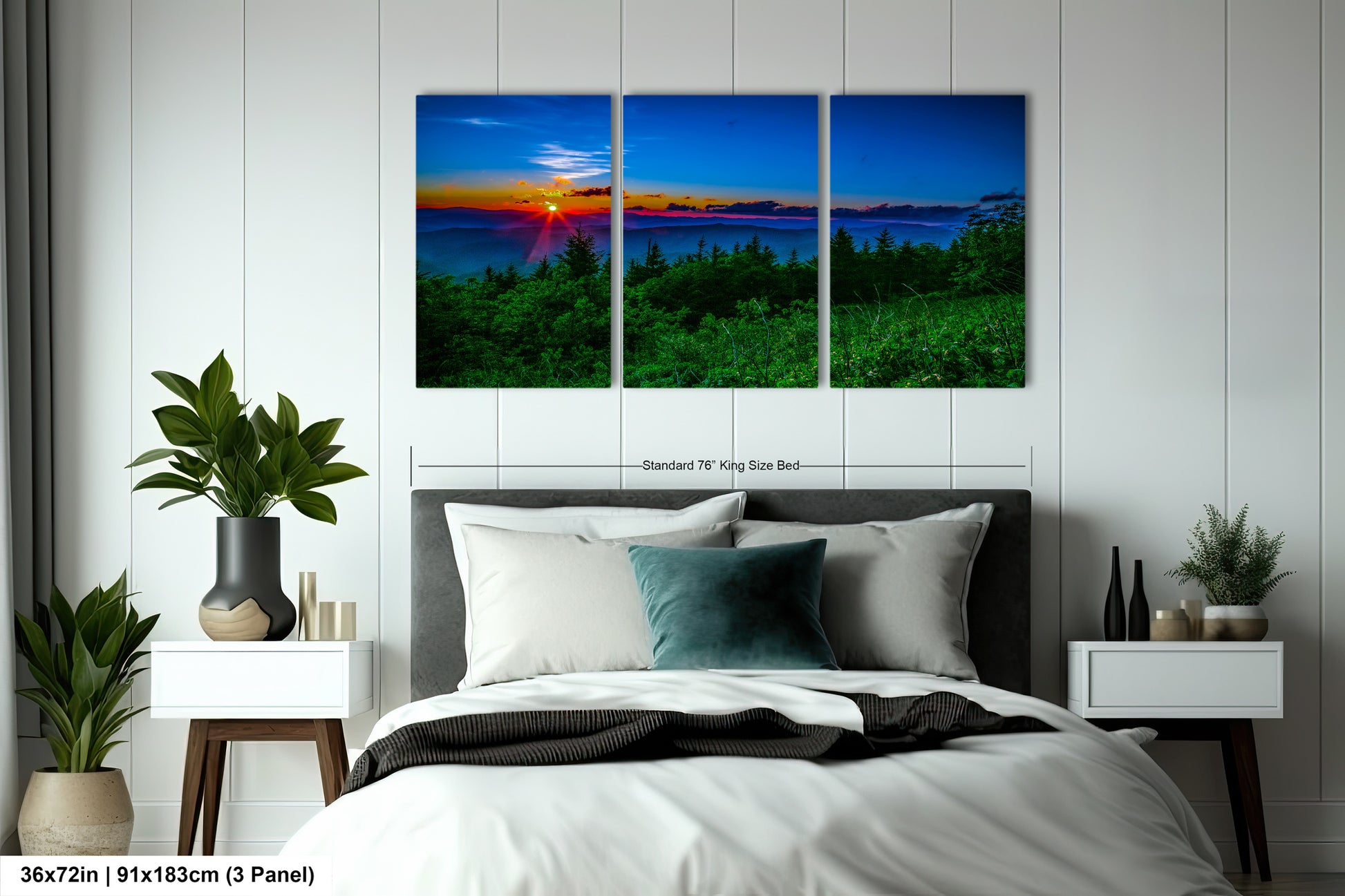 a bedroom with a bed and two paintings on the wall