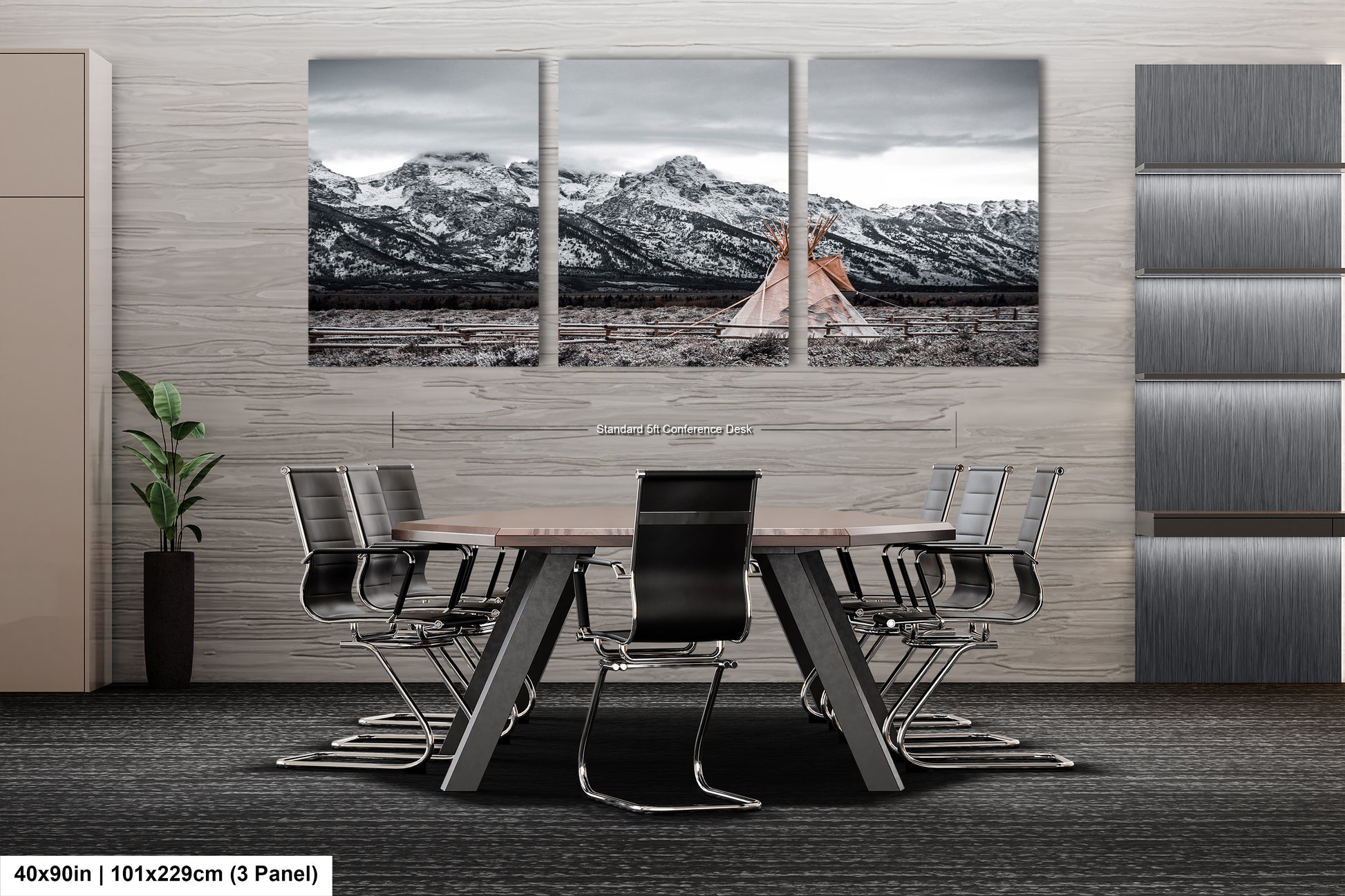 a dining room table with chairs and a picture of a bride and groom