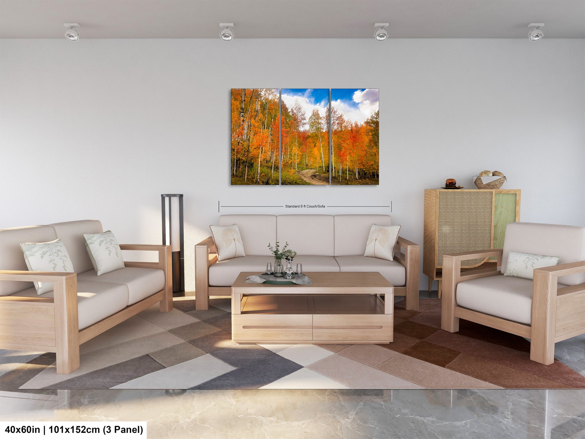 a living room filled with furniture and a painting on the wall