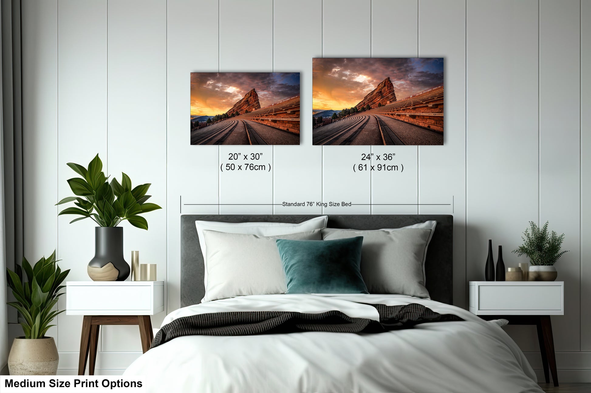 a bed room with a neatly made bed and two pictures on the wall